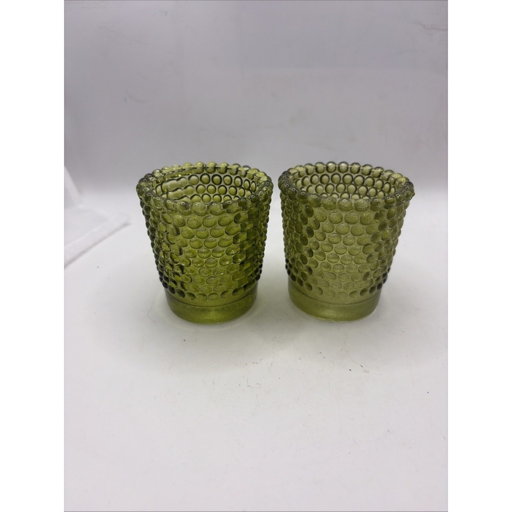 Vintage Avocado Green Glass Tea Light Candle Holder  Home Decoration Pair